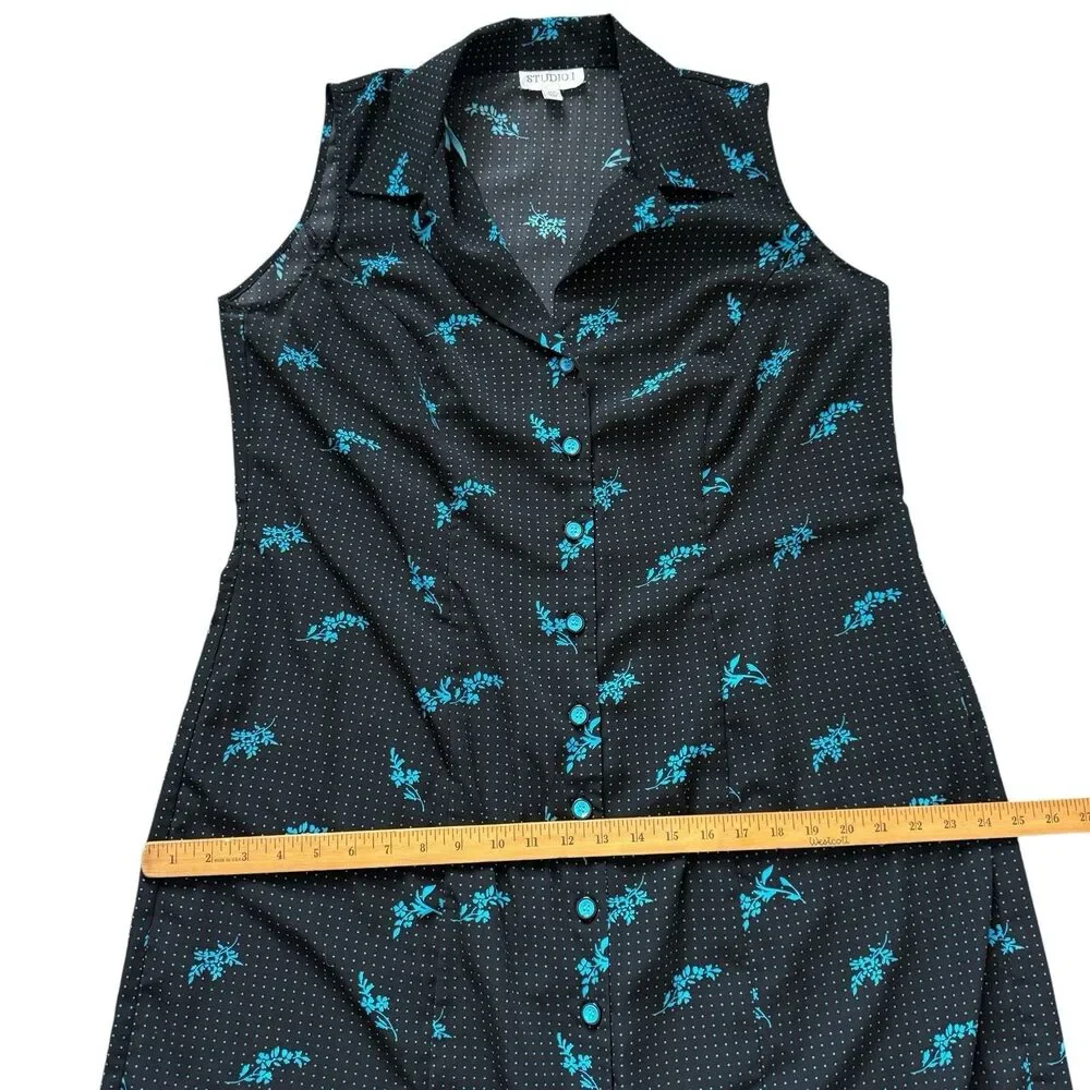 Studio I Shirt Dress Womens 12W Black Blue Floral Polka Dot Sleeveless Cottage
